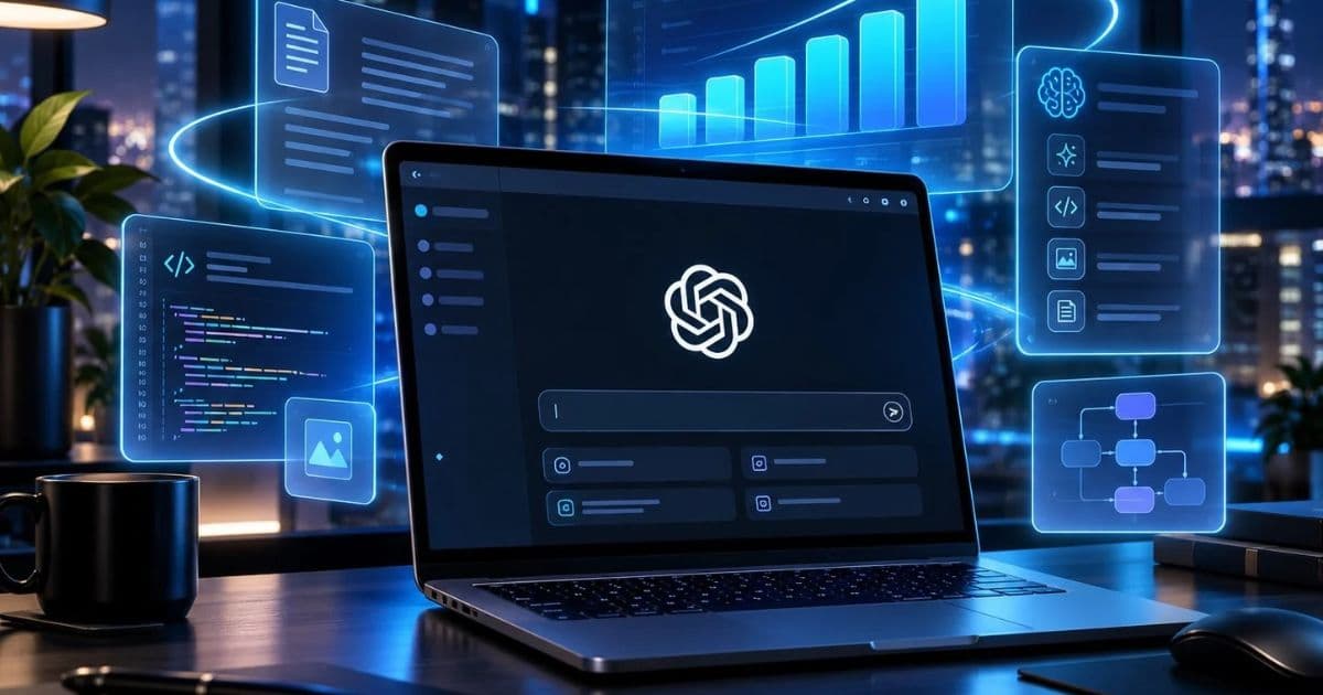 Ilustración digital de una computadora con símbolo de OpenAI, paneles de productividad y gráfica de crecimiento luminosa