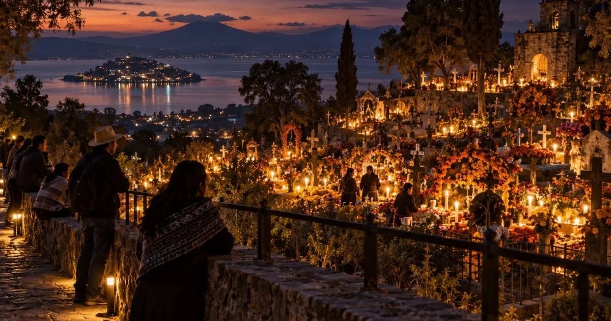 Ilustración digital de un cementerio iluminado con velas y flores, observado por personas desde un sendero exterior junto a un lago