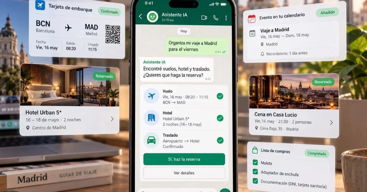 Ilustración de un teléfono con una conversación de asistente de IA, tarjetas de vuelo, hotel, calendario y compras