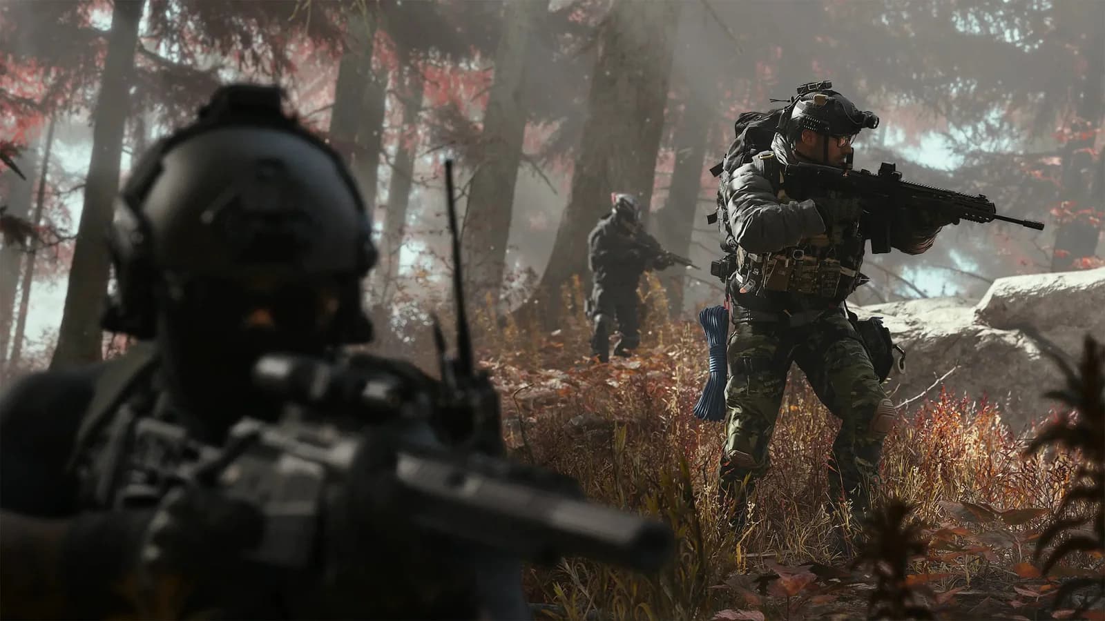 Arte promocional de Call of Duty Modern Warfare 4 con tres soldados armados y el logotipo del videojuego sobre fondo oscuro
