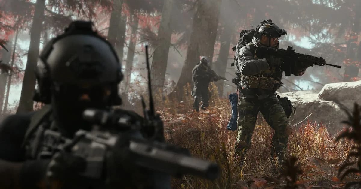 Arte promocional de Call of Duty Modern Warfare 4 con tres soldados armados y el logotipo del videojuego sobre fondo oscuro