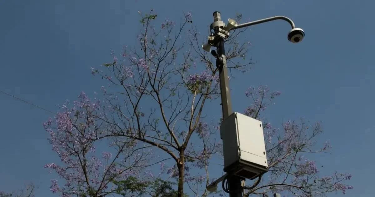 Cámara urbana de videovigilancia montada en un poste junto a árboles y señalización del 911, bajo un cielo azul