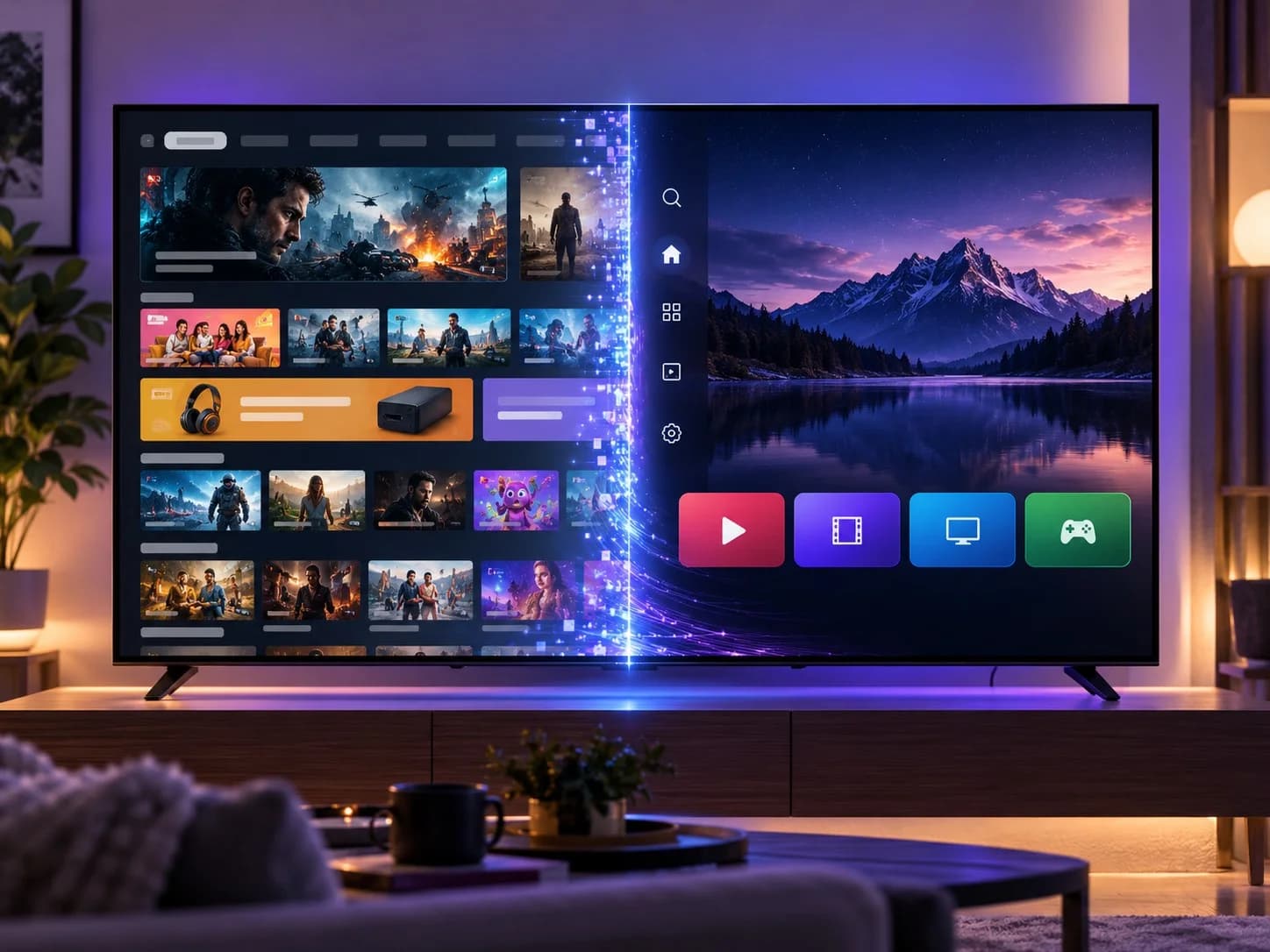Televisor con interfaz llena de contenidos a la izquierda y pantalla de inicio minimalista a la derecha, ilustración conceptual de CleanYourTV
