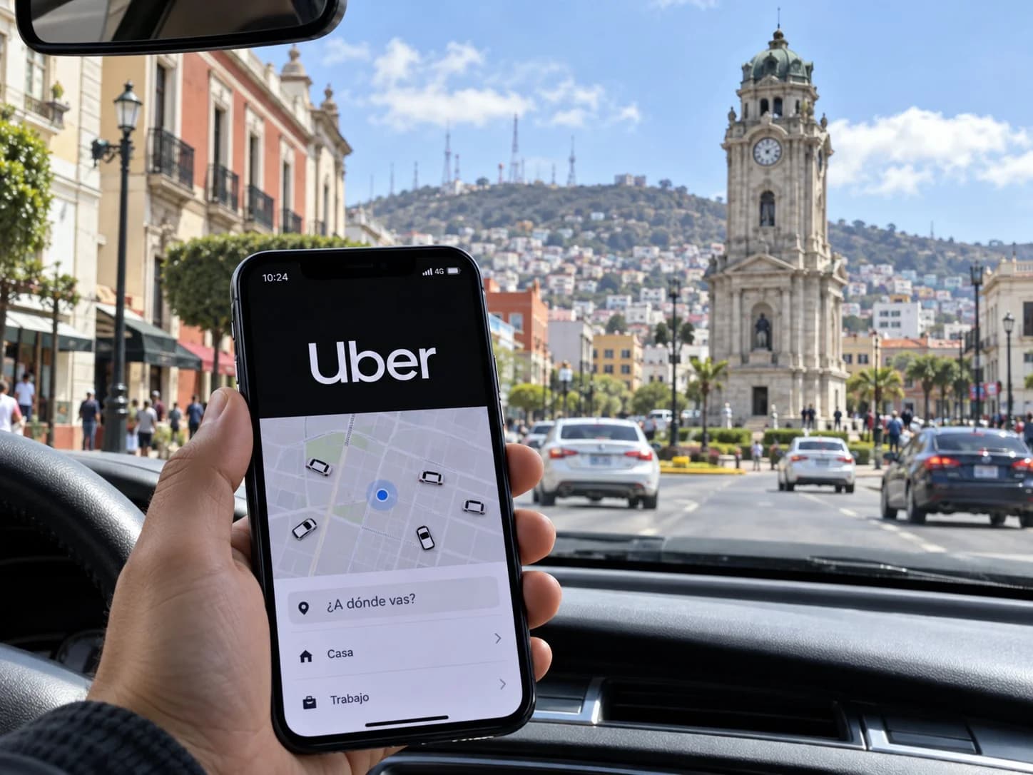 Teléfono con la aplicación Uber frente a una representación del Reloj Monumental de Pachuca, vista desde un automóvil.