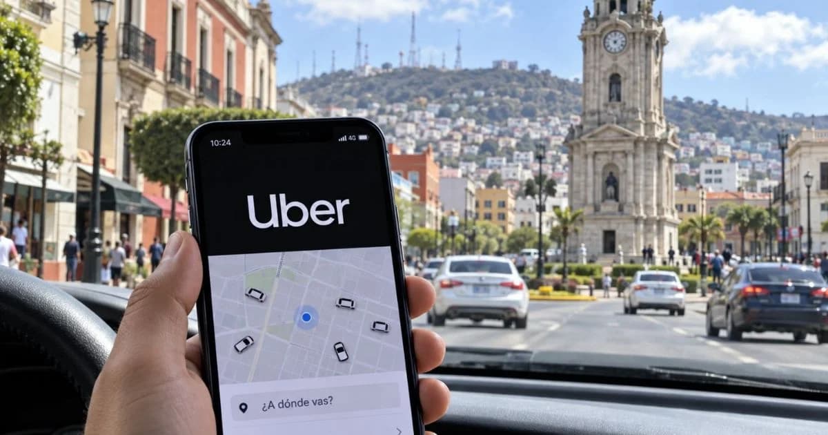 Composición conceptual de Uber en un teléfono con el Reloj Monumental de Pachuca al fondo.