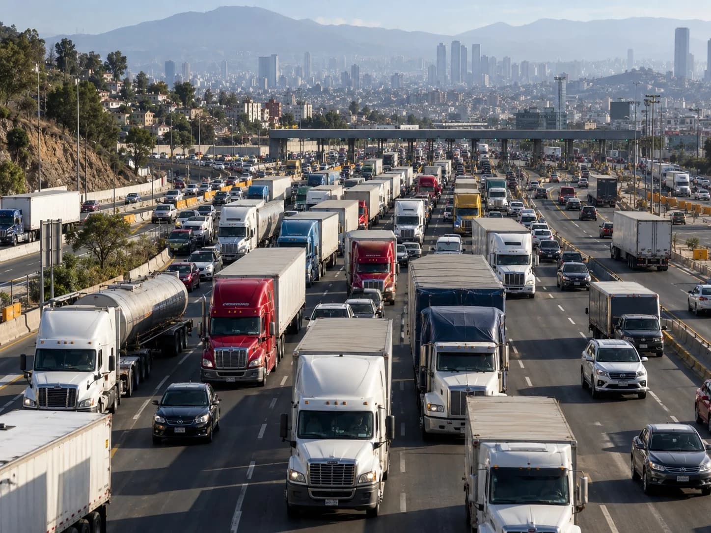 Ilustración conceptual de camiones de carga y automóviles en una autopista de varios carriles ante casetas de peaje