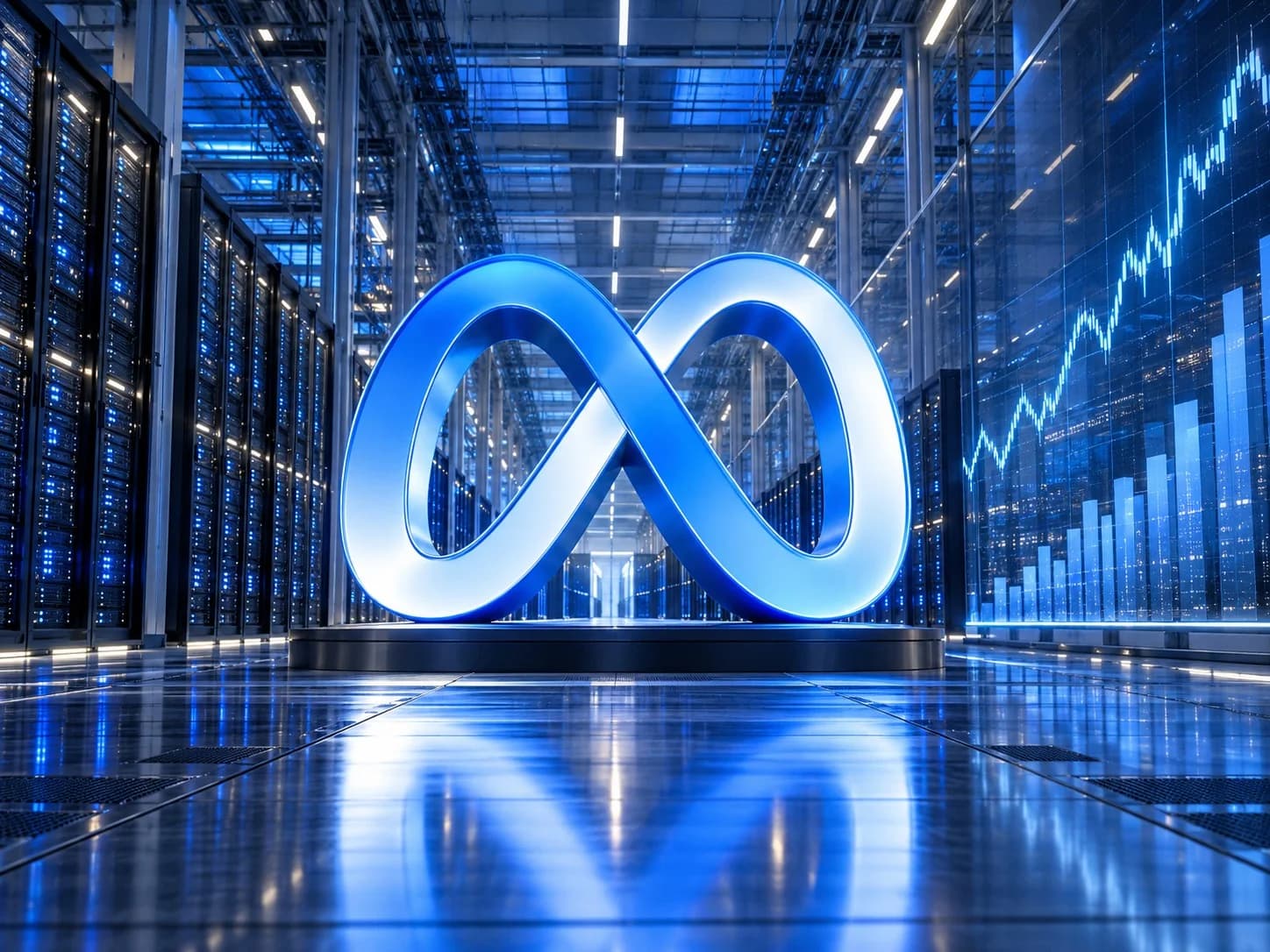 Ilustración conceptual de un centro de datos con el símbolo de Meta y gráficas financieras, sobre venta de acciones