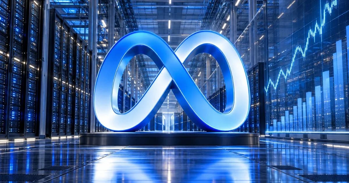 Ilustración conceptual de un centro de datos con el símbolo de Meta y gráficas financieras, sobre venta de acciones