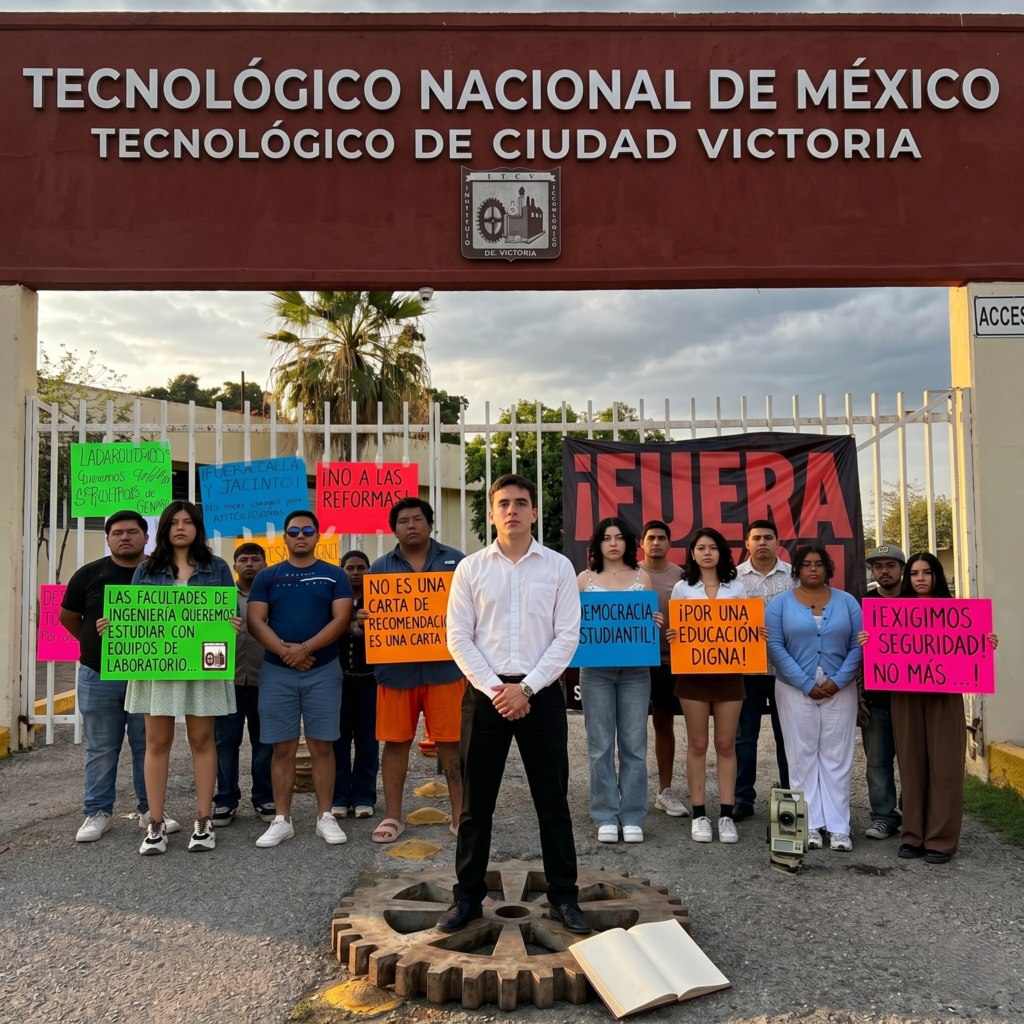 Una recreación visual por Inteligencia Artificial que representa una manifestación pacífica de estudiantes frente al Tecnológico Nacional de México - Tecnológico de Ciudad Victoria. Esta imagen se basa en imágenes oficiales y material de referencia para simular una escena de protesta auténtica con demandas claras de la comunidad estudiantil.