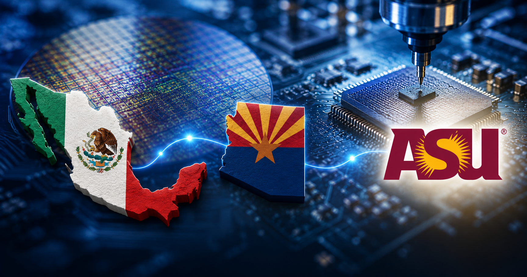 Ilustración de México, Arizona y Arizona State University conectados por la industria de semiconductores