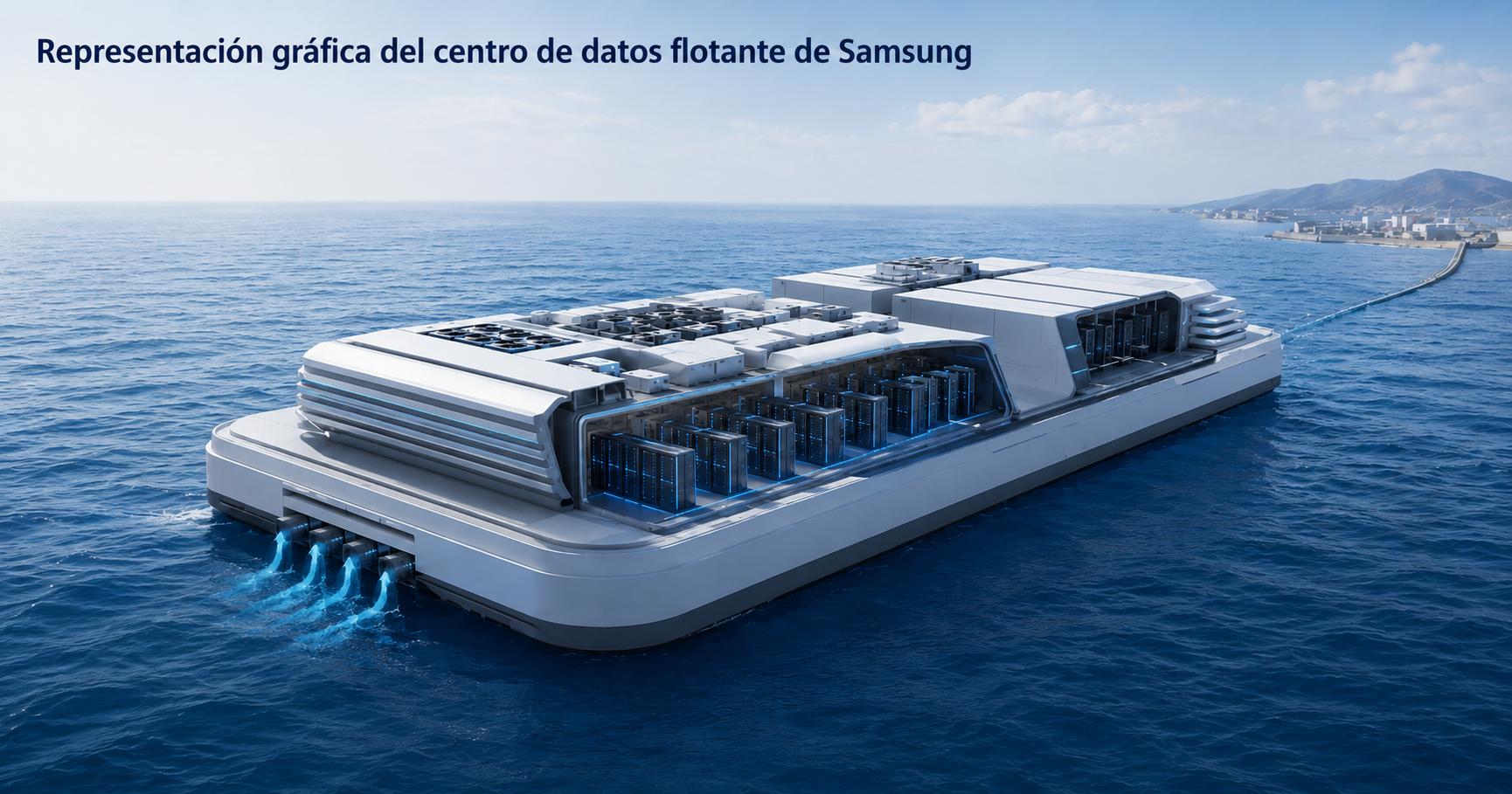 Representación gráfica de un centro de datos flotante de Samsung Heavy Industries, con módulos de servidores sobre una plataforma en el mar
