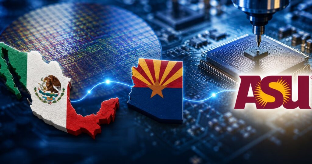 Ilustración de México, Arizona y Arizona State University conectados por la industria de semiconductores