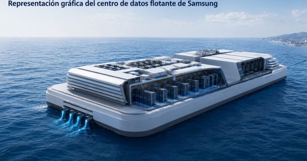 Infografía del centro de datos flotante de Samsung Heavy Industries, una barcaza modular con servidores refrigerados por agua de mar para inteligencia artificial.