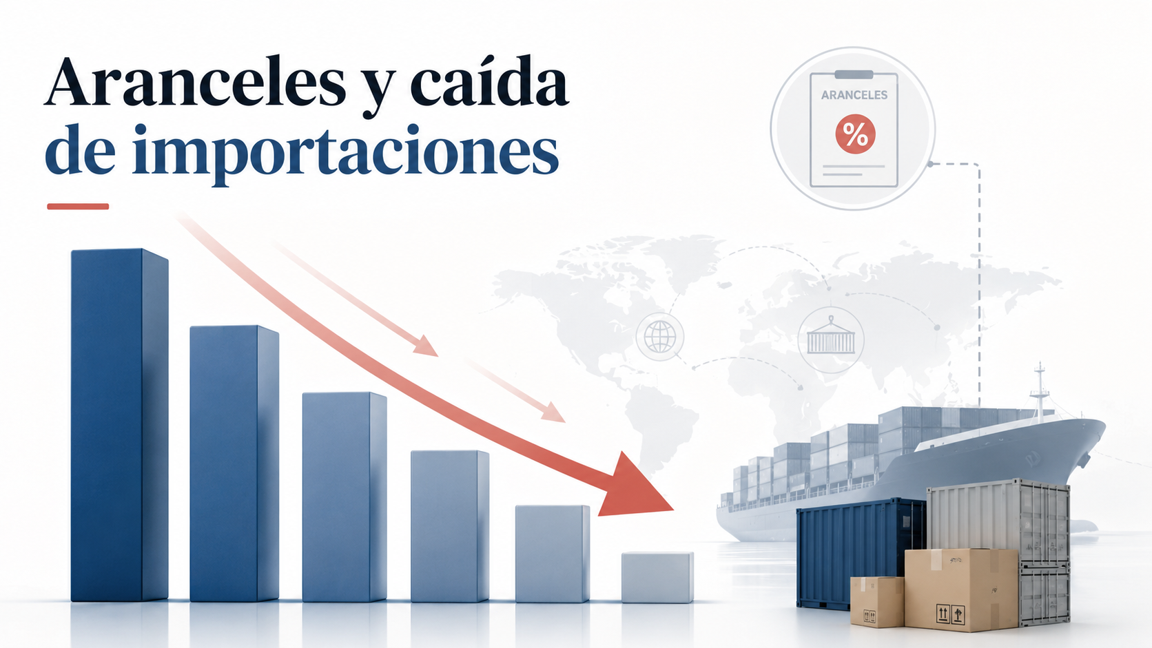 Ilustración sobre aranceles y caída de importaciones con barras descendentes, contenedores y un buque de carga.
