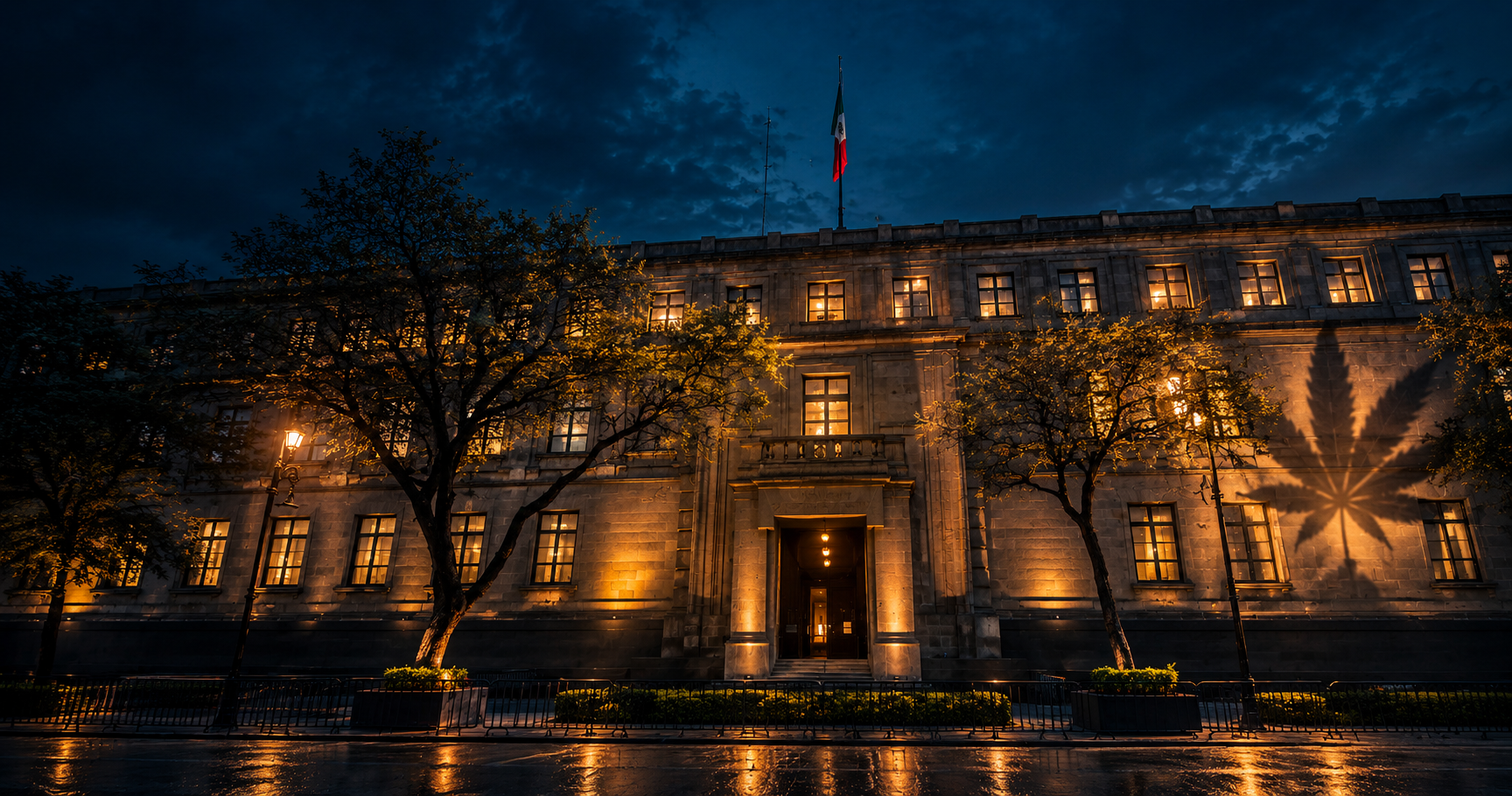 Representación generada por IA sobre autoconsumo de cannabis, con un edificio judicial y la sombra de una hoja de cannabis