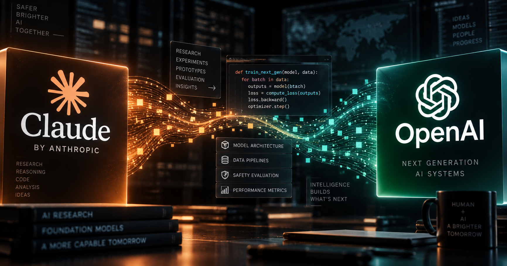 Representación gráfica de Claude y OpenAI conectados mediante código y flujos digitales