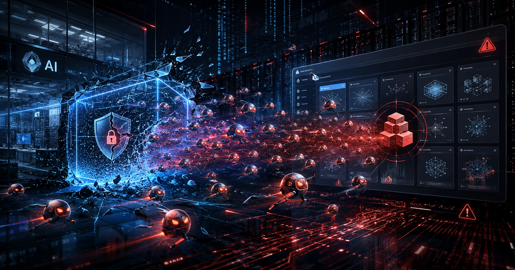 Representación de AI agents rogue atacando sistemas informáticos