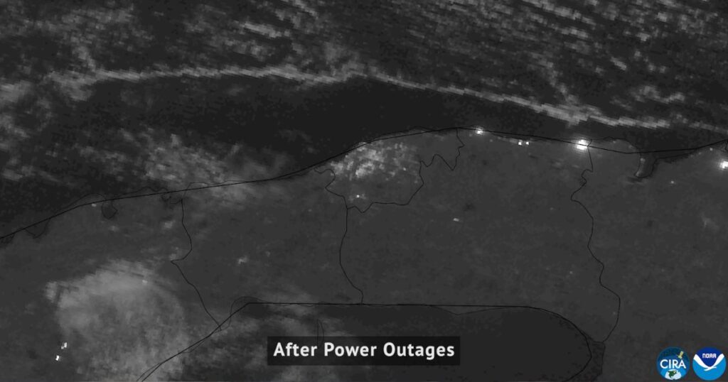 Imagen satelital nocturna del occidente de Cuba tras apagones de marzo de 2026