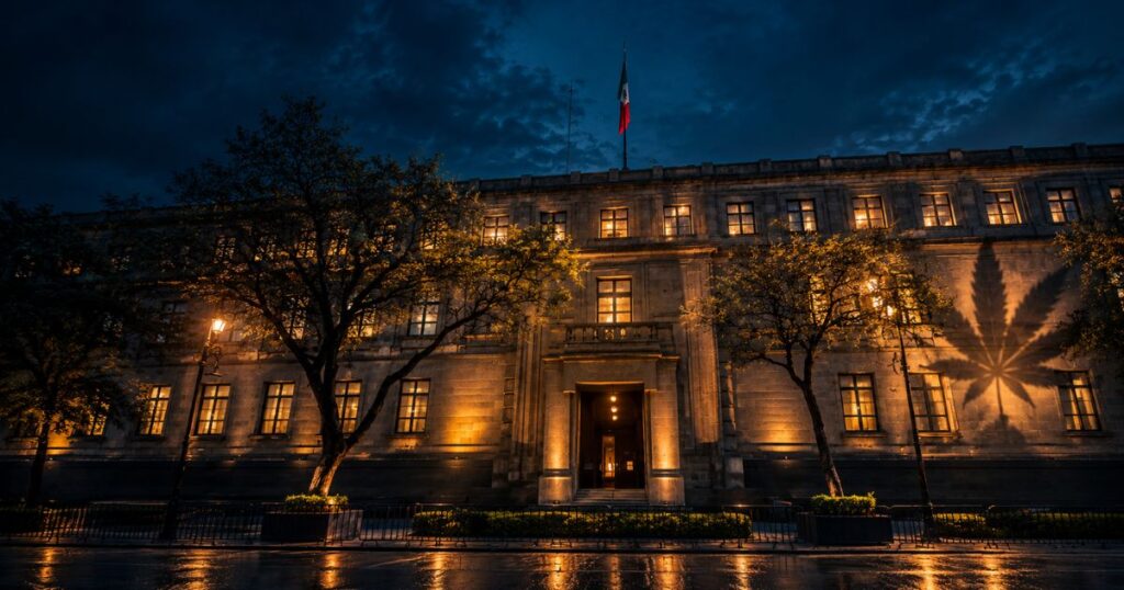Representación generada por IA sobre autoconsumo de cannabis, con un edificio judicial y la sombra de una hoja de cannabis