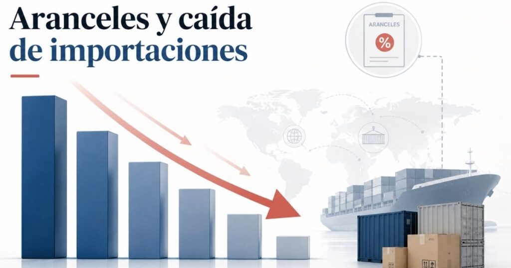 Ilustración sobre aranceles y caída de importaciones con barras descendentes, contenedores y un buque de carga.