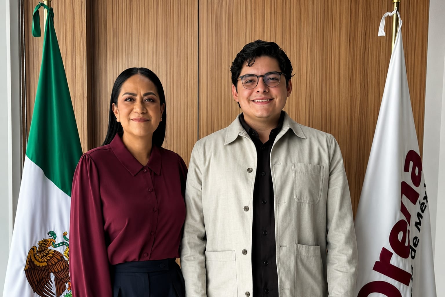 Ariadna Montiel y Paulo García posan junto a las banderas de México y Morena.