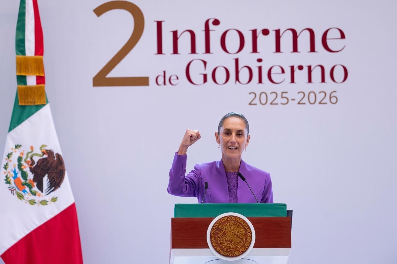 La Presidenta Claudia Sheinbaum durante su discurso en el Segundo Informe de Gobierno en Palacio Nacional