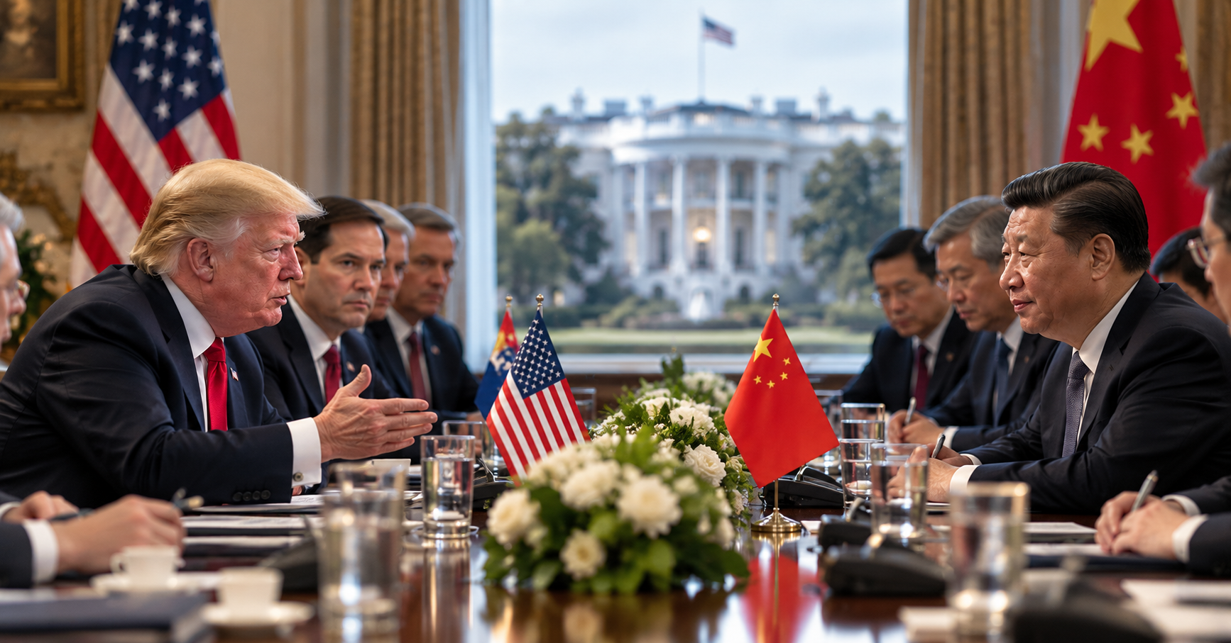 Cumbre Trump Xi representada en una composición editorial con ambos mandatarios y sus delegaciones en una mesa diplomática con banderas de Estados Unidos y China.