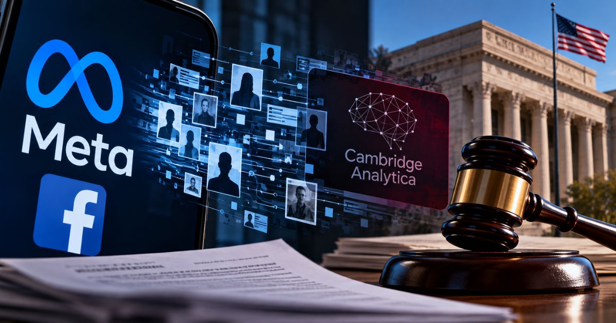 Composición editorial con los logotipos de Meta y Facebook, perfiles digitales, una referencia a Cambridge Analytica y un mazo judicial.