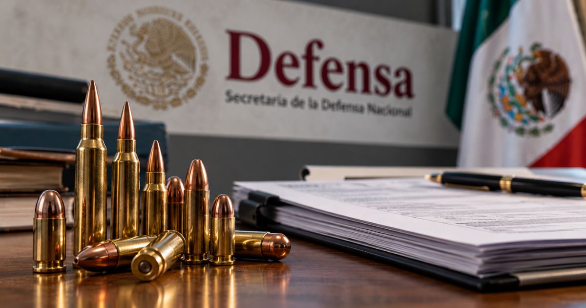 Registro de armas representado con cartuchos, documentos administrativos, la identidad visual de Defensa y una bandera de México.
