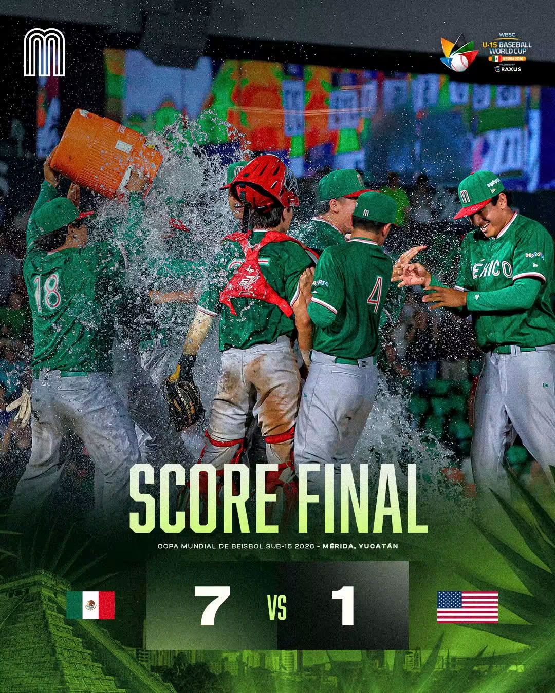 Jugadores de México celebran durante el Mundial Sub-15 de beisbol tras un marcador final de 7-1 ante Estados Unidos