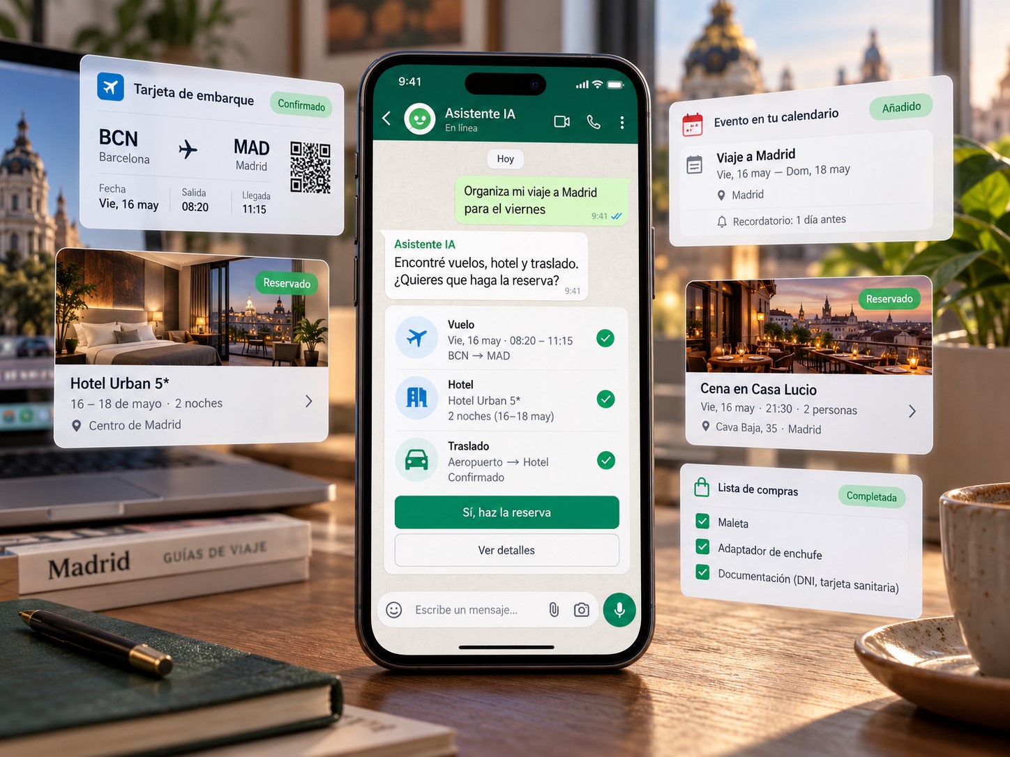 Ilustración de un teléfono con una conversación de asistente de IA, tarjetas de vuelo, hotel, calendario y compras
