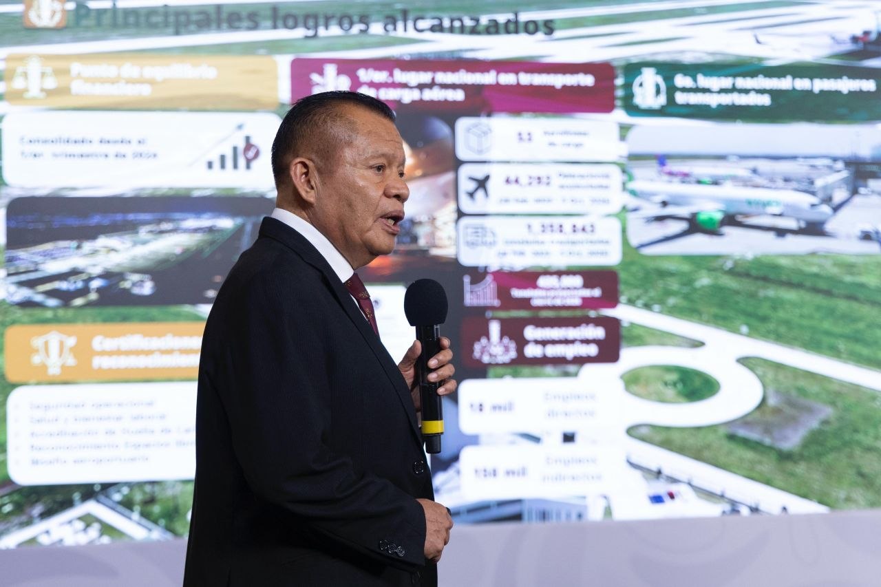 Funcionario expone ante un micrófono una presentación sobre los resultados del Aeropuerto Internacional Felipe Ángeles