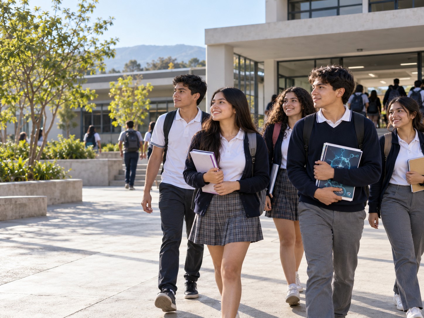 Grupo de estudiantes de bachillerato camina hacia la entrada de un plantel escolar.