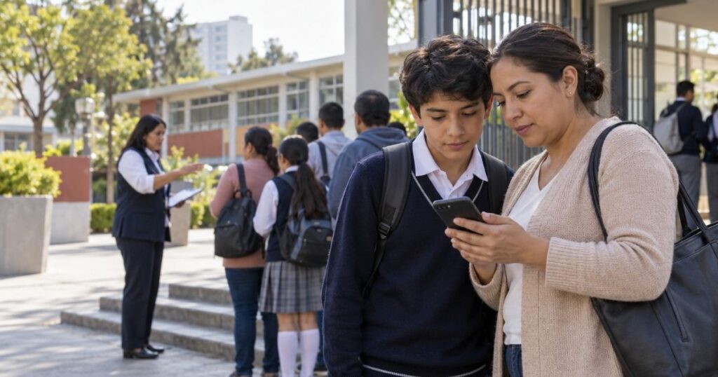 Madre y estudiante revisan un celular a la entrada de una escuela pública.