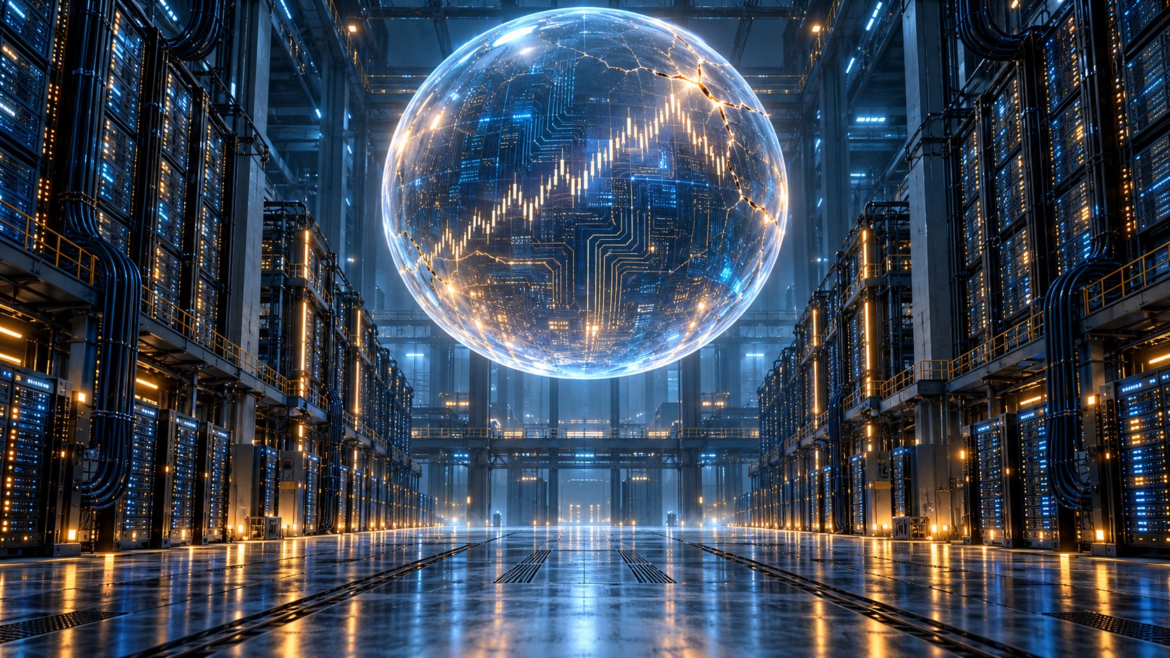 Imagen generada con IA: centro de datos con esfera digital translúcida y gráficos financieros luminosos