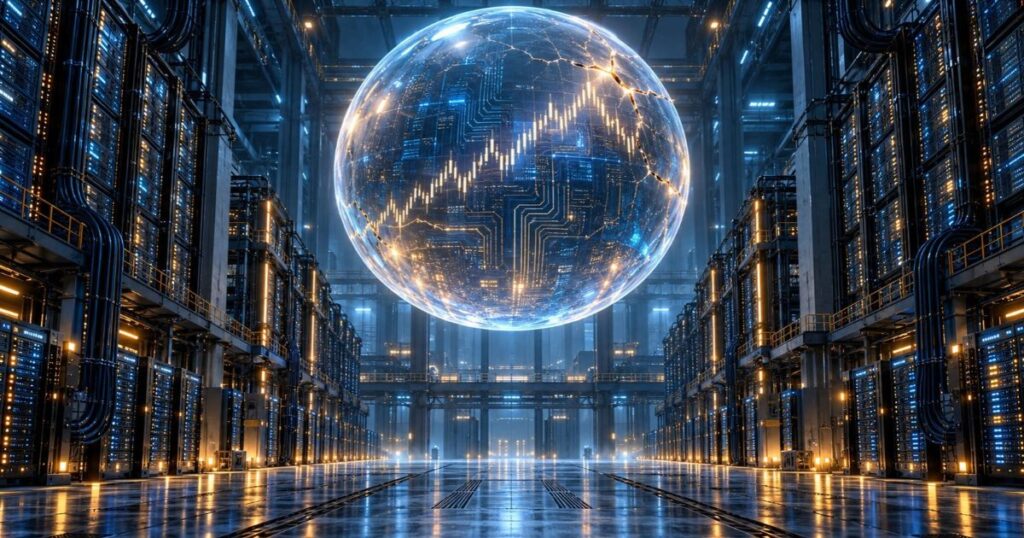 Imagen generada con IA: centro de datos con esfera digital translúcida y gráficos financieros luminosos