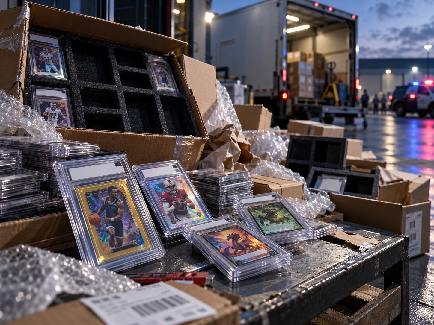 Recreación editorial de cajas abiertas y tarjetas coleccionables deportivas y de fantasía en estuches, con un camión al fondo