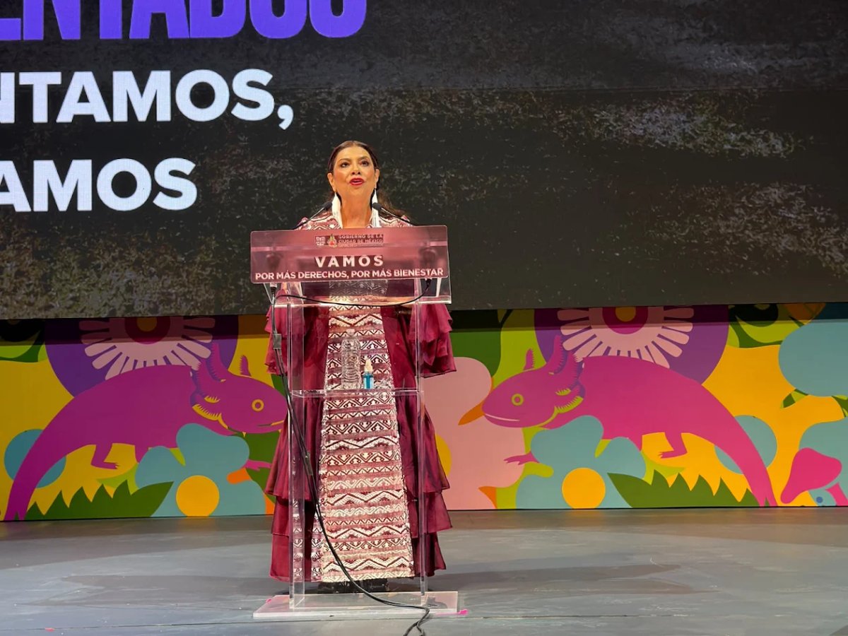 Mujer habla desde un atril en un escenario con la frase Vamos por más derechos, por más bienestar