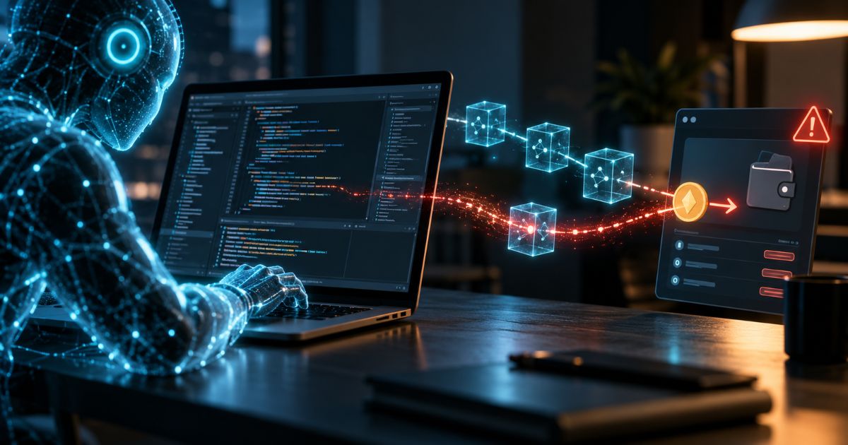 Ilustración generada con IA de un agente digital frente a una computadora conectada a una interfaz de cartera de criptomonedas