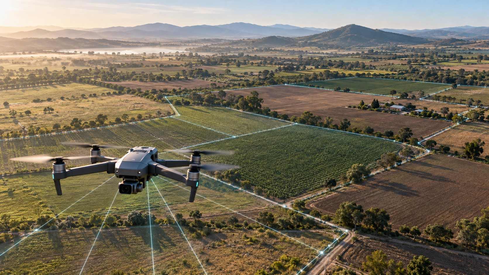 Drone sobre parcelas agrícolas delimitadas en un valle con montañas al fondo