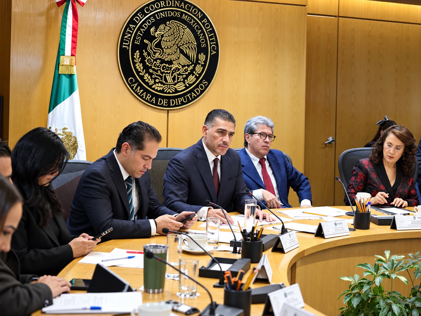 Reunión de trabajo en la Cámara de Diputados, con funcionarios y legisladores sentados alrededor de una mesa bajo el emblema de la Junta de Coordinación Política.
