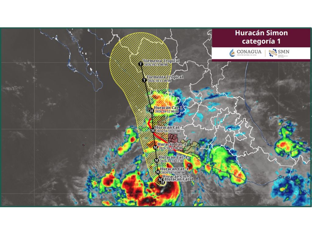 Mapa meteorológico de Conagua y SMN con la trayectoria pronosticada del huracán Simon frente a las costas del Pacífico mexicano.