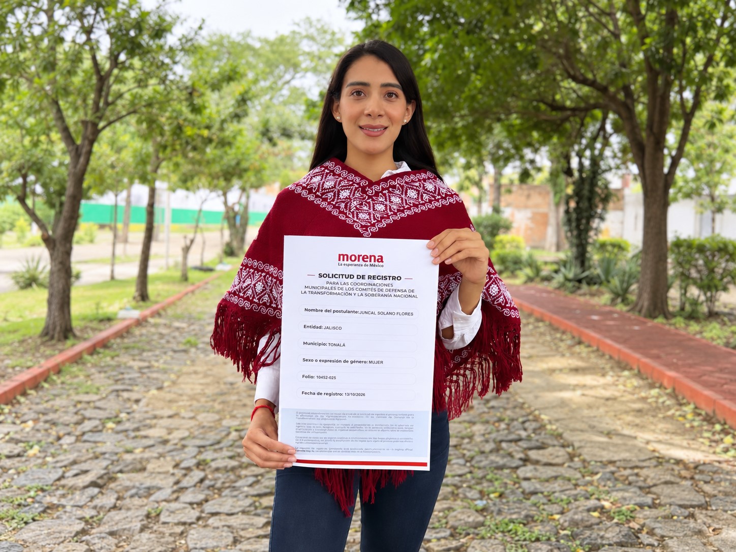 Mujer con prenda roja bordada sostiene una solicitud de registro de Morena en un sendero arbolado.