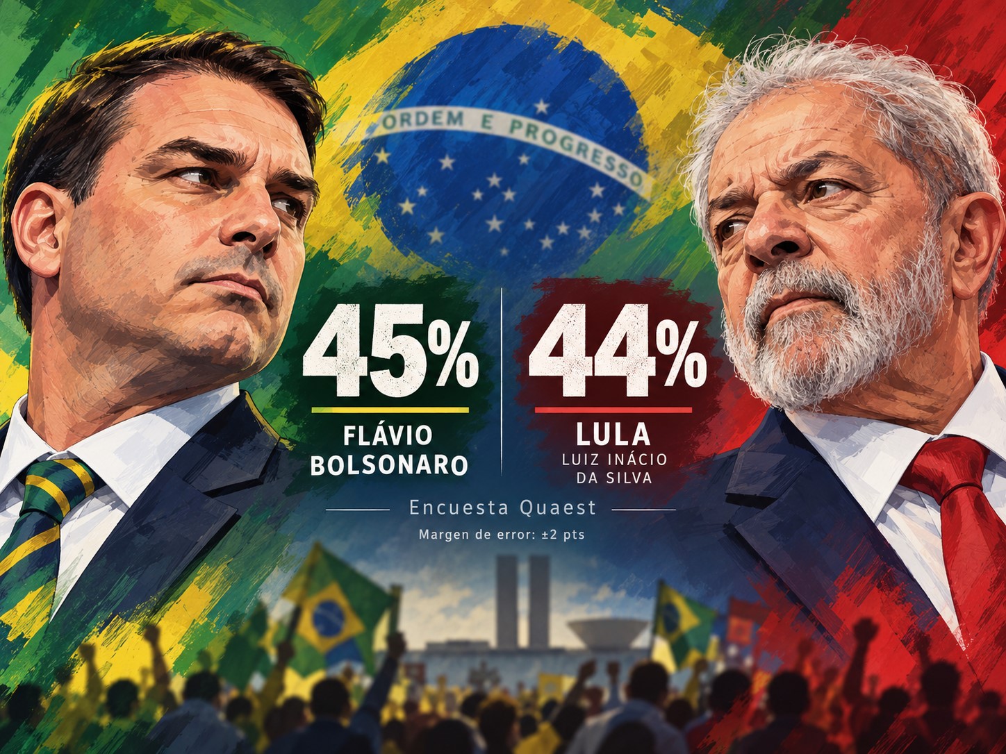 Ilustración editorial con retratos de Flávio Bolsonaro y Lula da Silva, los resultados 45% y 44% de Quaest y la bandera de Brasil