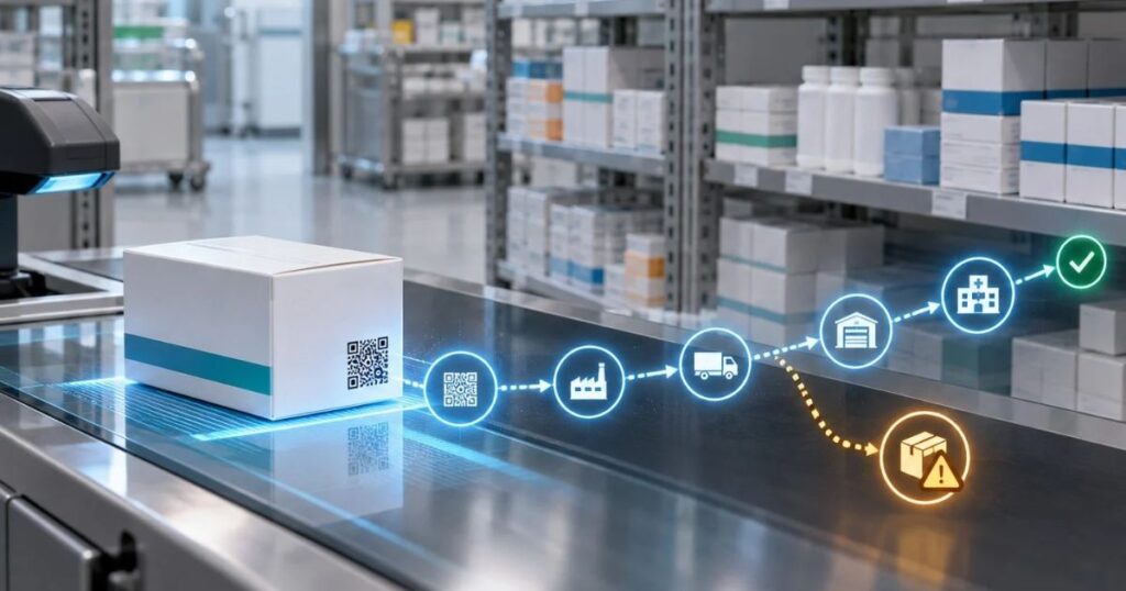 Almacén de medicamentos con una caja sobre un lector y una ruta digital de trazabilidad que muestra una alerta de desvío.