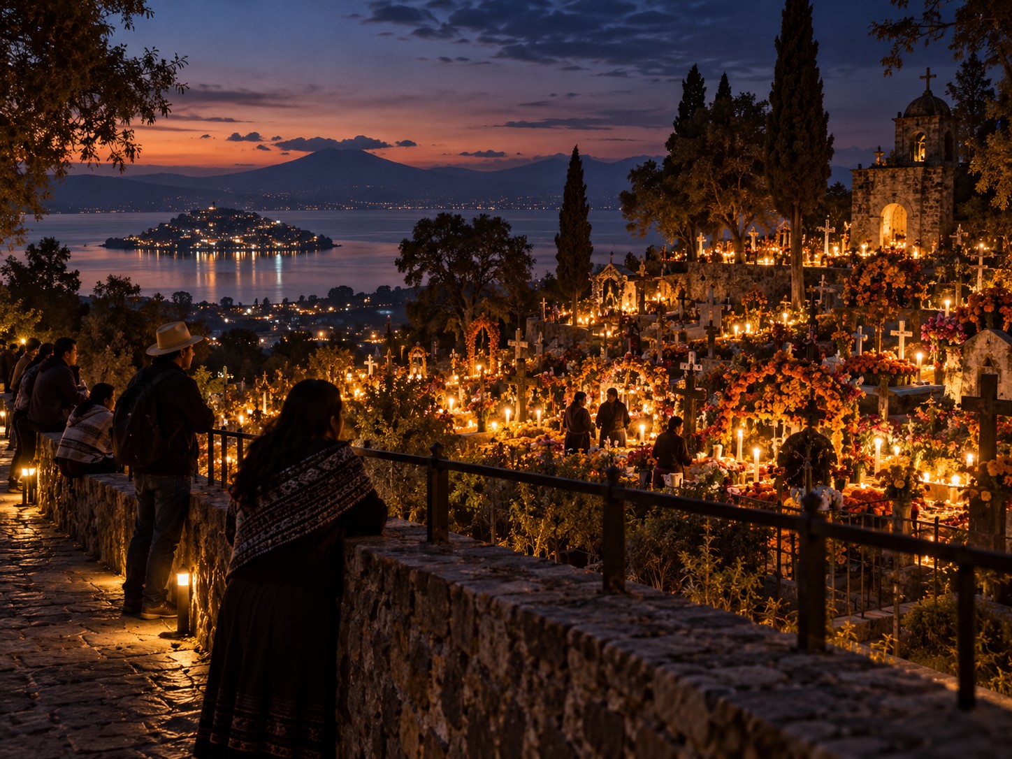 Ilustración digital de un cementerio iluminado con velas y flores, observado por personas desde un sendero exterior junto a un lago