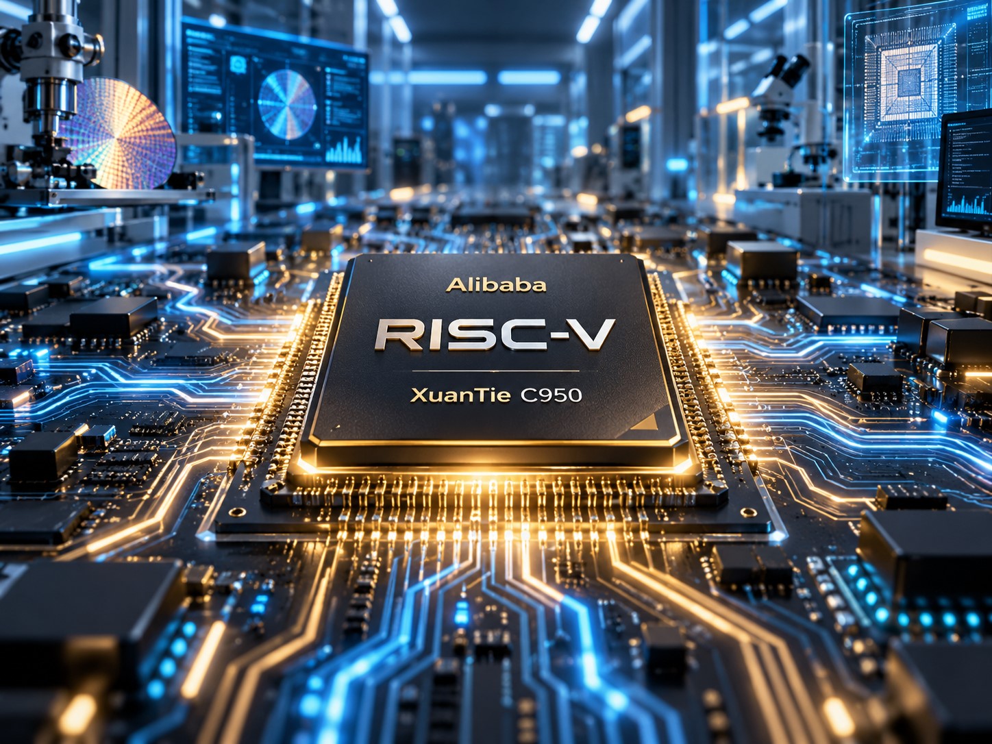 Ilustración conceptual de un procesador con inscripciones Alibaba, RISC-V y XuanTie C950, rodeado de circuitos luminosos en un laboratorio futurista