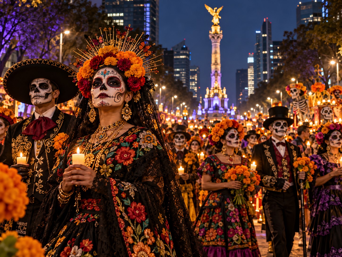 Ilustración digital de catrinas y catrines en desfile nocturno con el Ángel de la Independencia al fondo