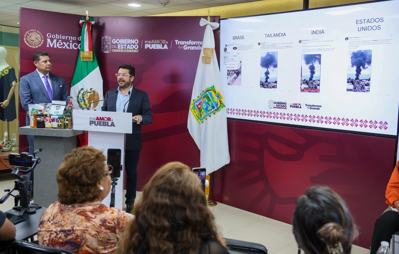 Presentación institucional con ejemplos de publicaciones digitales sobre la explosión de Tepeaca
