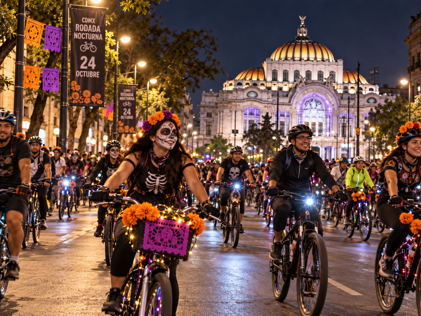 Ilustración de ciclistas con bicicletas iluminadas y decoradas para Día de Muertos frente al Palacio de Bellas Artes